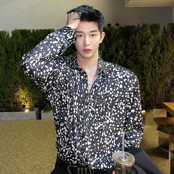 

men's casual shirts chiffon printed shirt fashion korean loose harajuku social all-match party dress long-sleeved men, White;black