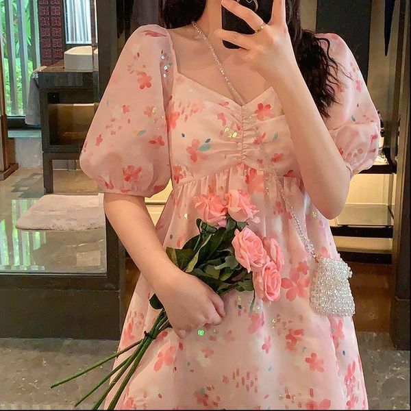 

pink sequin womens dresses fairy dress women elegant floral sweet chiffon female casual loose summer party korean style, Black;gray