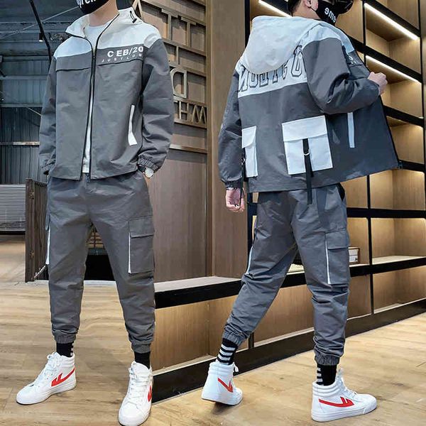 

men's tracksuits tracksuit men two pieces set 2021 autumn fashion mens sportswear hip hop hoodie pants male sweatsuit clothes homb, Gray