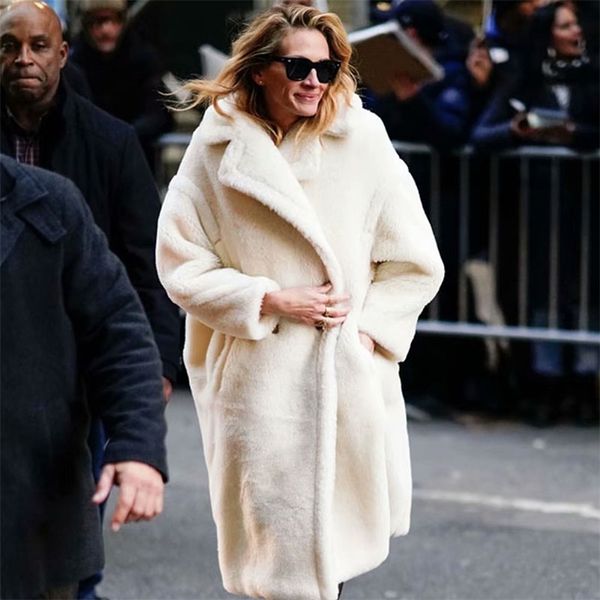 

autumn winter women beige teddy coat stylish female thick warm cashmere jacket casual girls streetwear 210520, Black