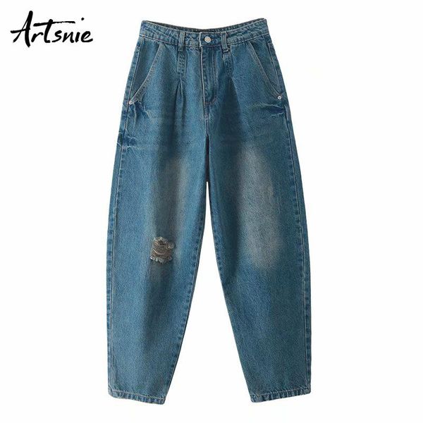 

women's jeans artsnie streetwear blue casual hole denim pants women summer 2021 high waist loose boyfriend pockets harem mujer
