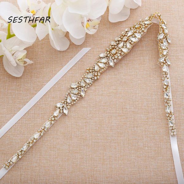 

wedding sashes sesthfar rhinestones belt hand made bridal dress gold crystal for woman, White