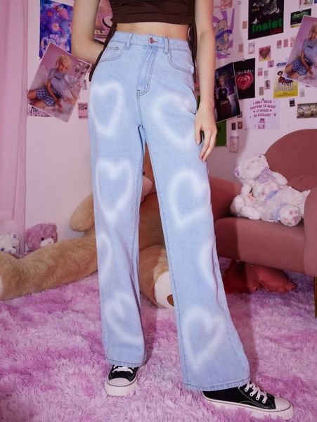 

romwe heart print wide leg jeans y2wx#, Blue