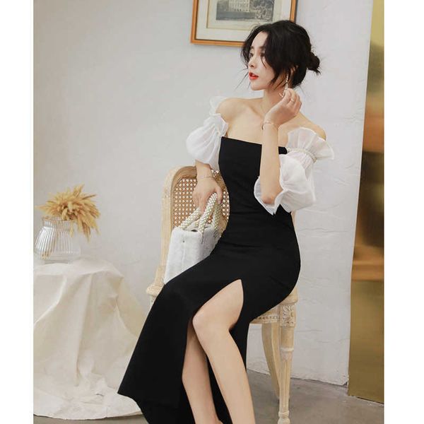 

autumn women evening dresse off the shoulder patchwork slit prom party dress white black elegant vestidos femme 210608, Black;gray
