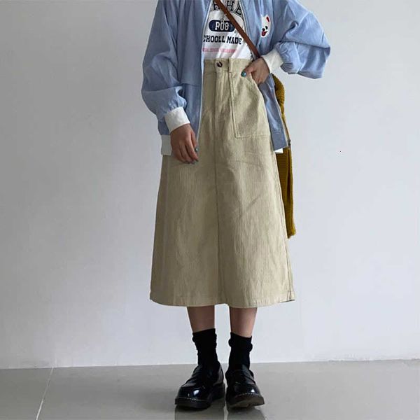 

skirts autumn korea fashion women high waist corduroy long all-matched casual double pocket a-line plus size v21 mykm, Black