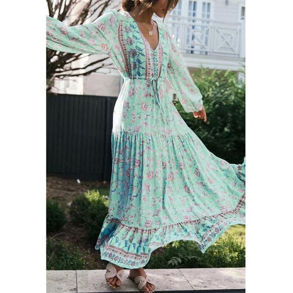 

casual dresses green flroal print bohemian long women dress autumn v-neck long-sleeved lace-up woman waist boho vestidos, Black;gray