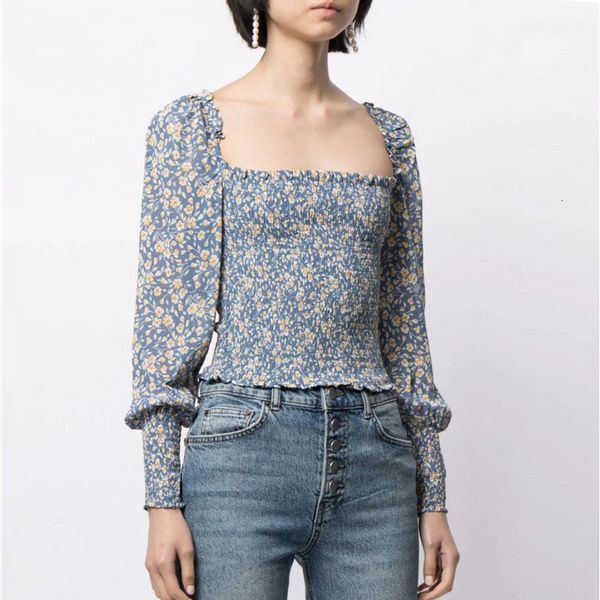 

two piece dress vintage floral print elastic slim women blouses square neck lantern sleeve ruched spring summer female blouse, White
