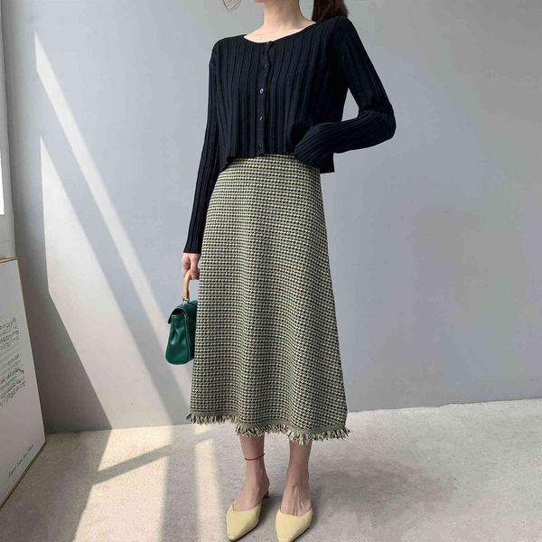 

kintted femme street tassel 2021 winter skirt female high waist thin a-line women's skirts fashion, Black