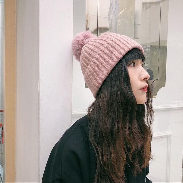 

beanies hat women's autumn and winter wool ball woolen cap knitted cute ear protection warm hood women