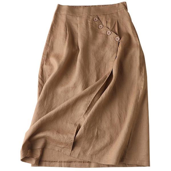 

skirts shuchan linen button vintage women skirt mid-calf a-line korean style 2021 fashion clothing long for, Black