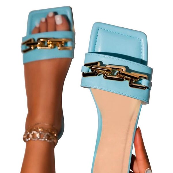

slippers square head low heels slides fashion brand design gold chain women slipper closed toe slip on mules shoes casual flip flop 2021, Black