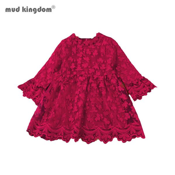 Mudkingdom Toddler Red Floral Lace Dress Baby Kids Girls Manica lunga Princess Party Tutu Mesh es 210615