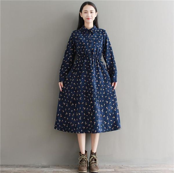 

casual dresses 2021 arrival autumn printing dress for women long sleeve corduroy navy blue, Black;gray