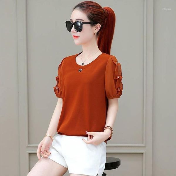 

women's blouses & shirts spring summer style chiffon casual solid short sleeve o-neck slim blusas df3429, White