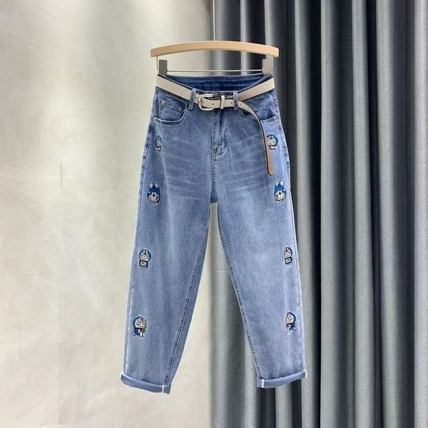 

women's jeans embroidered cartoon jeans women's summer new high waist slim slacks capris harlan pants 2g2c, Blue