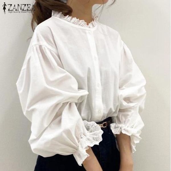 

women's blouses & shirts zanzea elegant lace patchwork blouse women autumn shirt casual long puff sleeve ol work blusas white loose ru