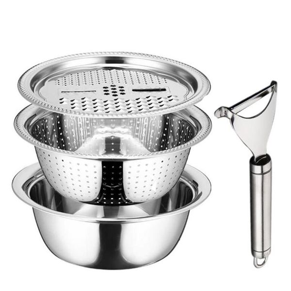 

stainless steel drain tray grater mixing bowl basin set with vegetable cutter chopper peeler 5-quart (set of 4) storage baskets