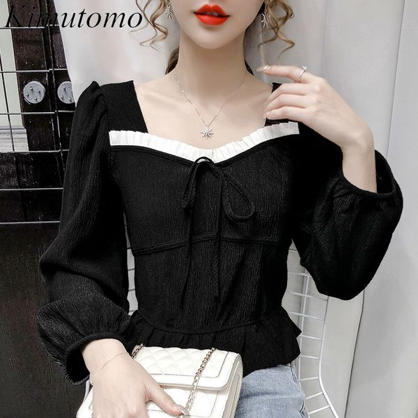 

kimutomo elegant solid blouse women korea style spring fashion female square collar slim puff sleeve short shirt 210521, White