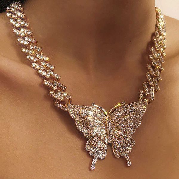 Роскошь Rhinestone Big Butterfly Ожерелье для женщин Мужчины Miami Streetwear Эстетические Коренастые Кубинские Цепи Ожерелье Ювелирные Изделия