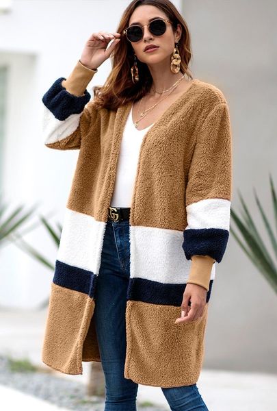 

women's trench coats fashion autumn and winter casual loose trenches with long sleeves, Tan;black