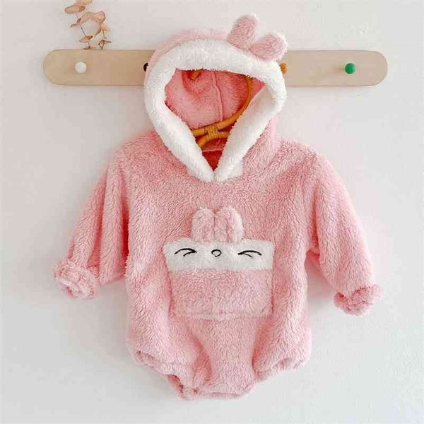 

0-2yrs infant baby girls rabbit embroider rompers clothing autumn winter kids girl long sleeve thicken clothes 210521, White