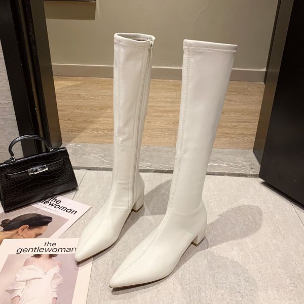 

pointed thin women's autumn and winter 2021 side zipper soft leather below knee knight boots, Black