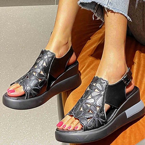 

sandals summer fashion women's thick bottom wedges beach casual female flower platform open toe buckle strap roman, Black