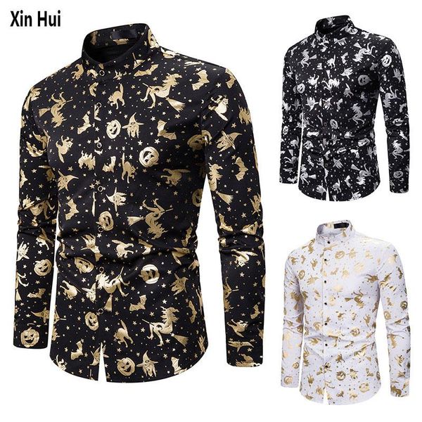 

men's clothing christmas halloween henry collar pumpkin bronzing print slim long sleeve shirt casual fashion shirts, White;black