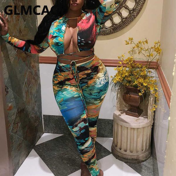 

women two piece suits abstract printed crop & skinny pants set 210702, White