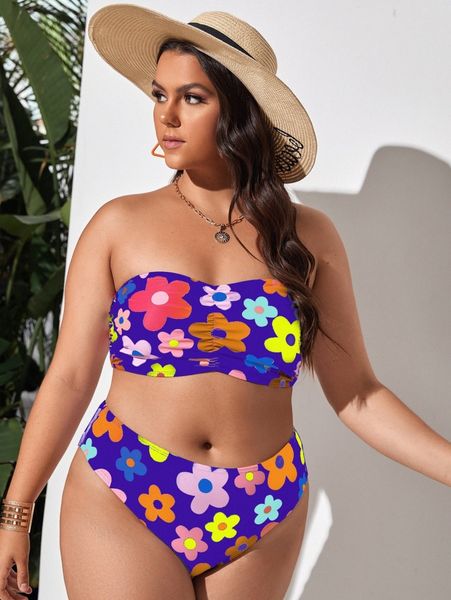 

plus floral print bandeau bikini swimsuit t6xv#, Black