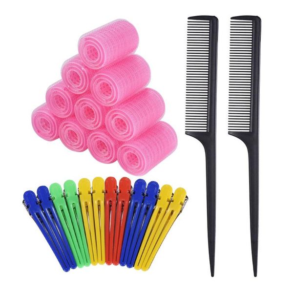 

hair brushes 30pcs rollers set self grip salon hairdressing curlers with 12pcs duckbill clips & 2 combs diy curling tool, Silver