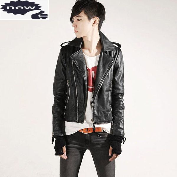 

men's fur & faux men outerwear short coat rider korea stylish leather jacket cool biker slim zipper mens turn down collar pu jackets, Black