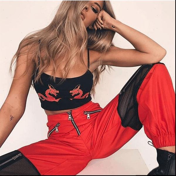 

women pants high waist mesh patchwork summer fashion red zipper streetwear cargo loose joggers trousers, Black;white