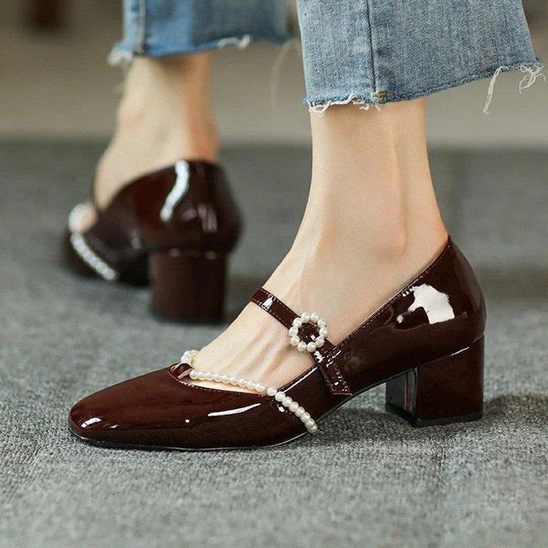 

women patent leather dress shoes buckle mary janes female wedding bridal medium heels pumps, Black