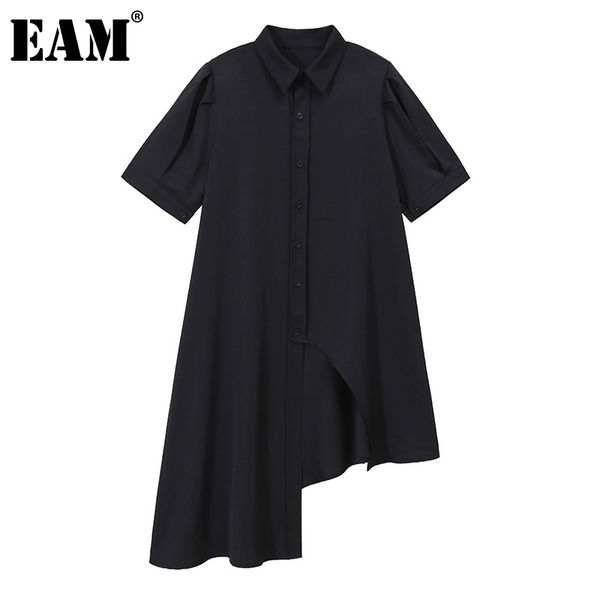 

[eam] women black irregular temperment shirt dress lapel short sleeve loose fit fashion spring summer 1dd8693 21512, Black;gray