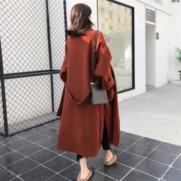 

women's wool & blends winter thicken oversized woolen coat for women korean long sleeved cardigan calf-length jacket belt slim split he, Black