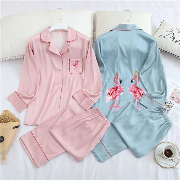 

july's song faux silk 2 pieces pajamas set women autumn spring pink flamingo printed pyjama long sleeves trousers sleepwear suit 211007, Black;red