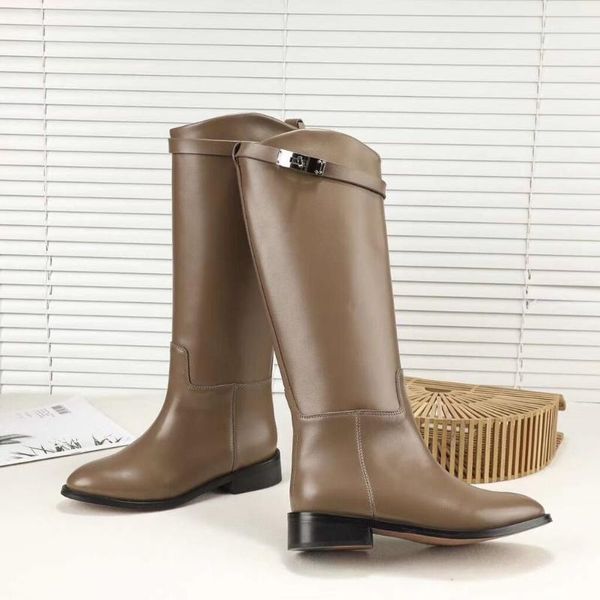 

boots spring autumn winter genuine leather women's long luxury designer female knight metal buckle handmade ladies shoes, Black