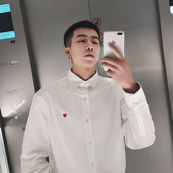 

men's casual shirts shirtshirt men's long sleeve love embroidery korean loose white versatile shirt cool coat spring fashion fjx7, White;black