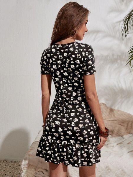 

allover floral print button front ruffle hem dress 20un#, Black;gray