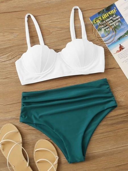 

high style shell waist double shoulder bikini swimsuit for women, Black;white