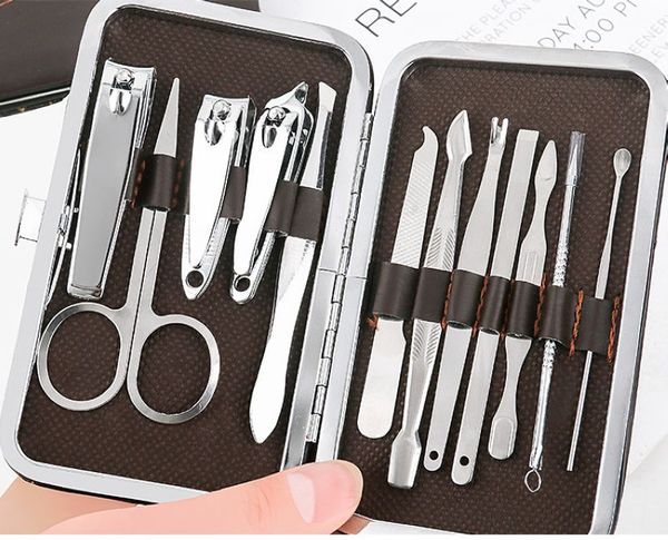 12 em 1 cortadores de unhas de aço inoxidável manicure conjunto com caixa de presente de couro Logotipo do OEM