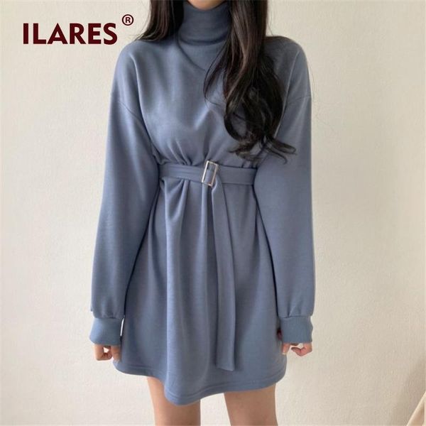

casual dresses ilares 2022 winter korean style fashion half high collar loose  vintage long sleeve waist belt dress woman, Black;gray
