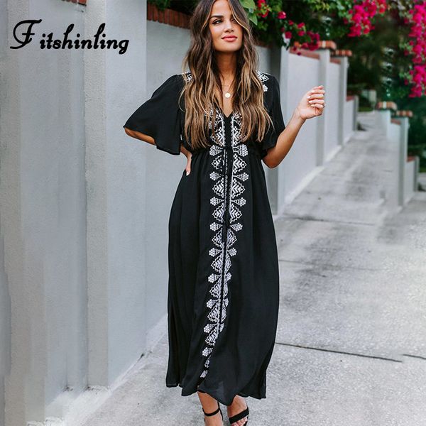 

fitshinling holiday 2021 embroidery long dress beach wear bohemian flare sleeve a line pareos robe bla maxi dresses women