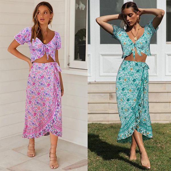 

spring and summer 2021 boho women floral short sleeve bowknot blouse + irregular skirt suit two piece dress, White