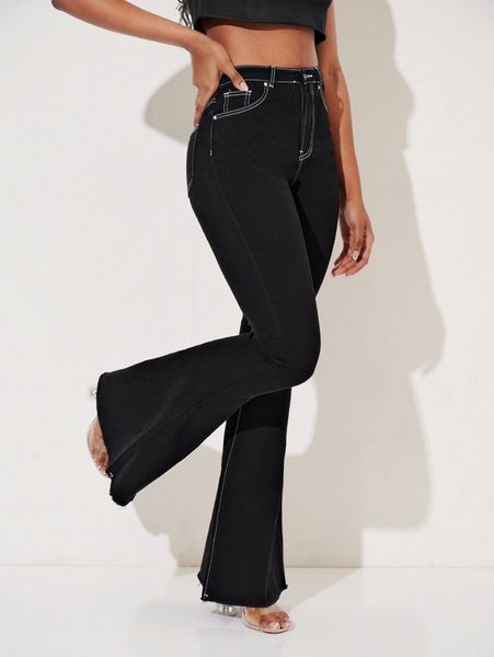 

tall washed raw hem flare leg jeans u5zm#, Blue