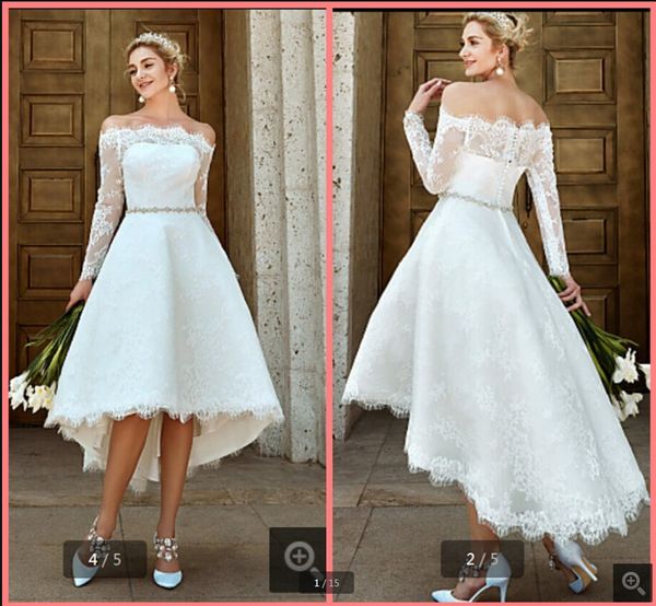 

vestido de festa a line white lace high low wedding dresses off the shoulder long sleeve stylish with crystal sashes bridal gowns informal e