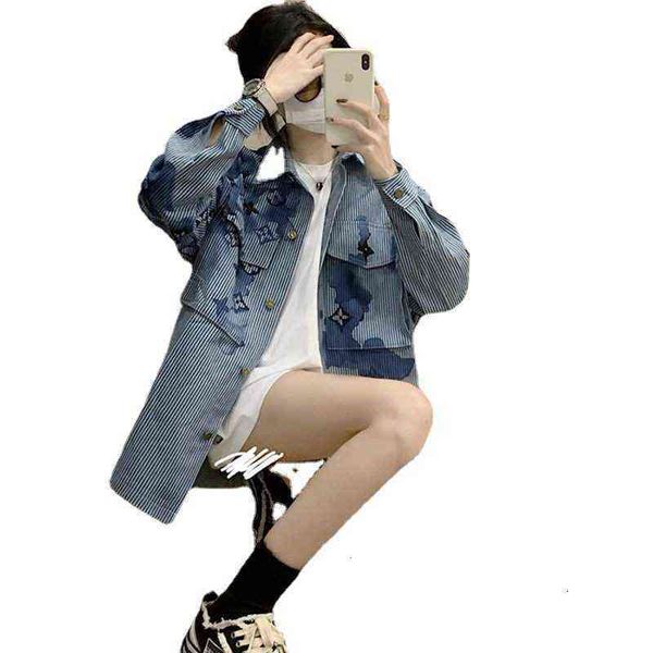 

jia 21ss autumn ink print stripe denim lapel loose long sleeve shirt coat, Black;brown