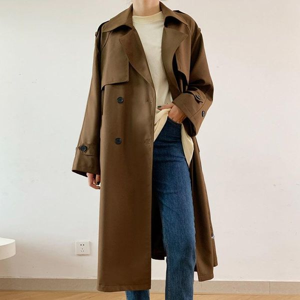 

women's trench coats unua amo simple casual long women coat with belt classic double breasted loose office lady windbreaker 2021 fall, Tan;black