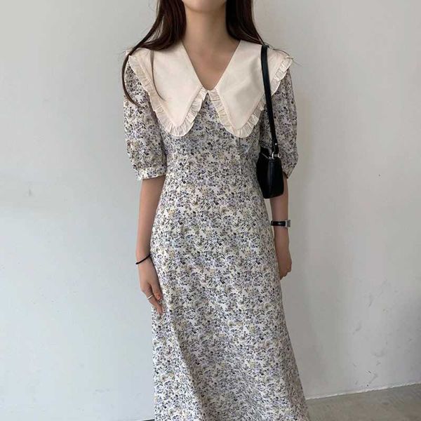 

women summer elegant floral dress korea fashion peter pan collar a-line casual sashes sundress 210526, Black;gray